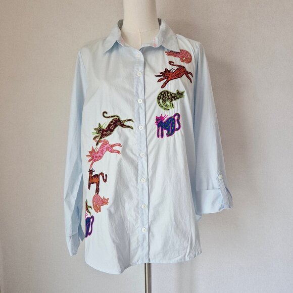 Maeve Tops - Maeve Light Blue Button-Down Shirt with Multicolor Cat Embroidered Appliqués